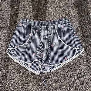 Blue and White Gingham Floral Rose Casual Shorts - Size Small